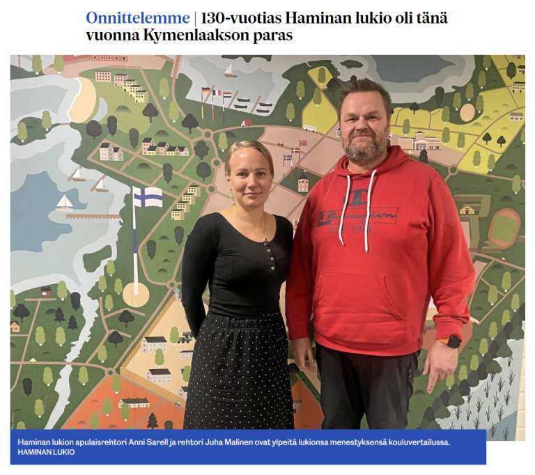 3.12.2024 > 130-vuotias Haminan lukio oli tänä vuonna Kymenlaakson paras